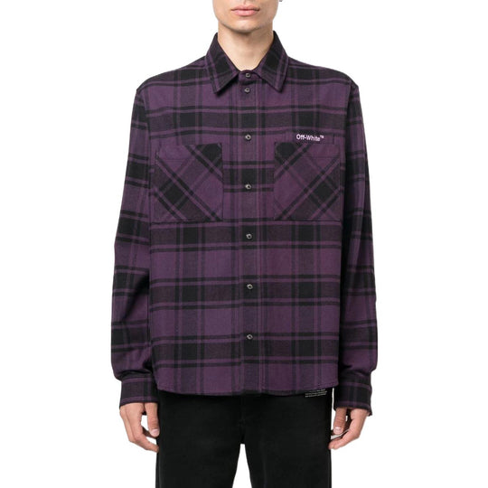 Men's Off-White Logo Printing Plaid Long Sleeves Dark Purple Shirt OMGA133F22FAB00235363536
