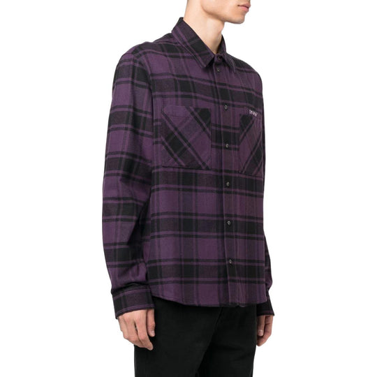 Men's Off-White Logo Printing Plaid Long Sleeves Dark Purple Shirt OMGA133F22FAB00235363536
